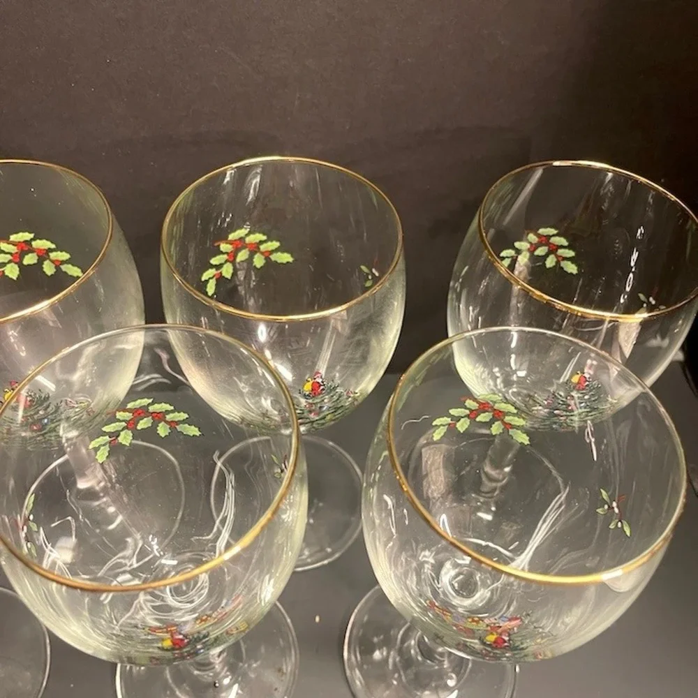 Vintage Spode Christmas Tree 12 oz Stemmed Wine Glasses Gold Rim Set of 7